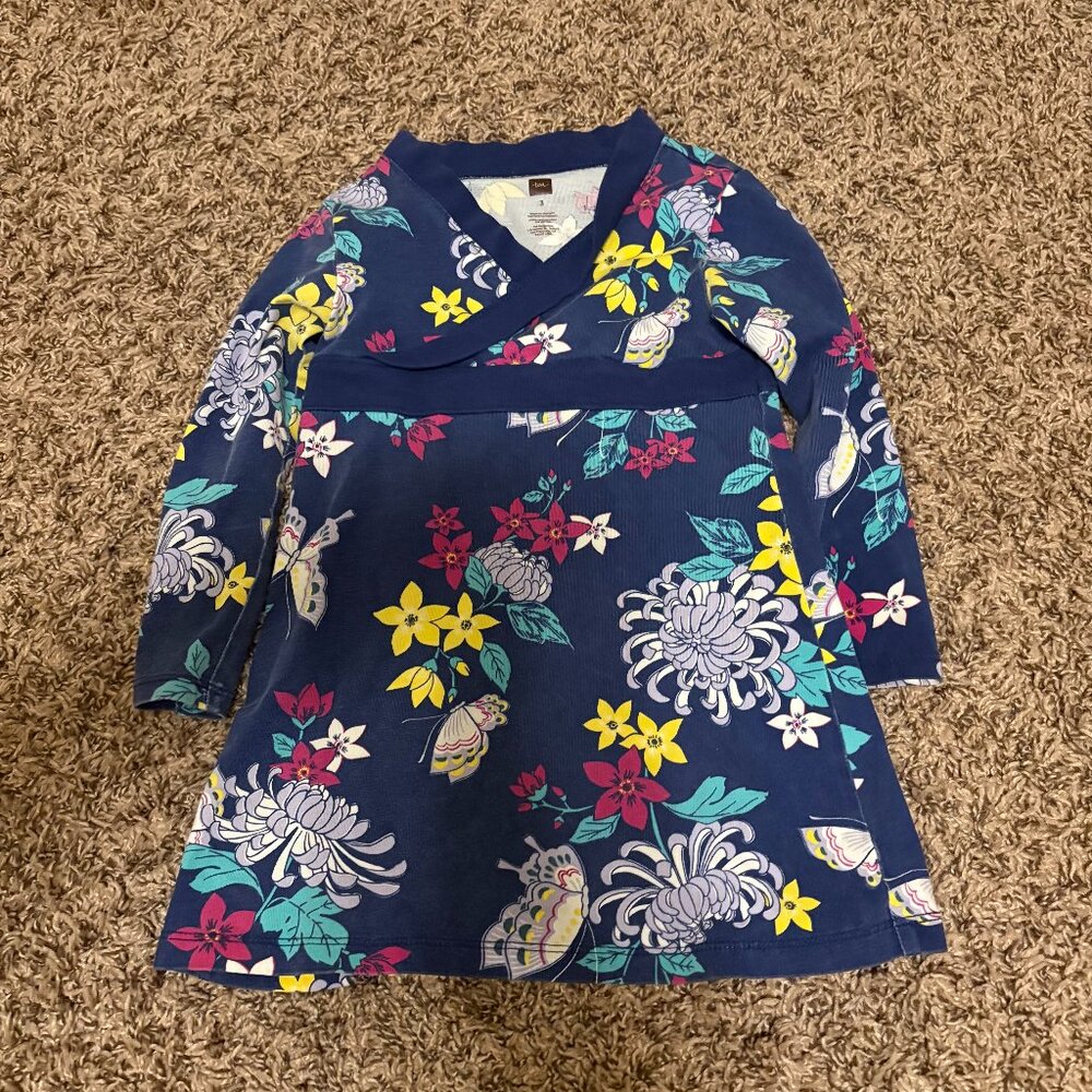 Tea Collection Blue Dress 3 Floral Print Long Sleeve Criss Cross Front Cotton